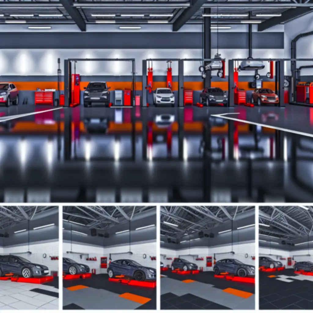 Nowoczesne wnętrze warsztatu samochodowego PolandVenue z podnośnikami i stanowiskami serwisowymi.