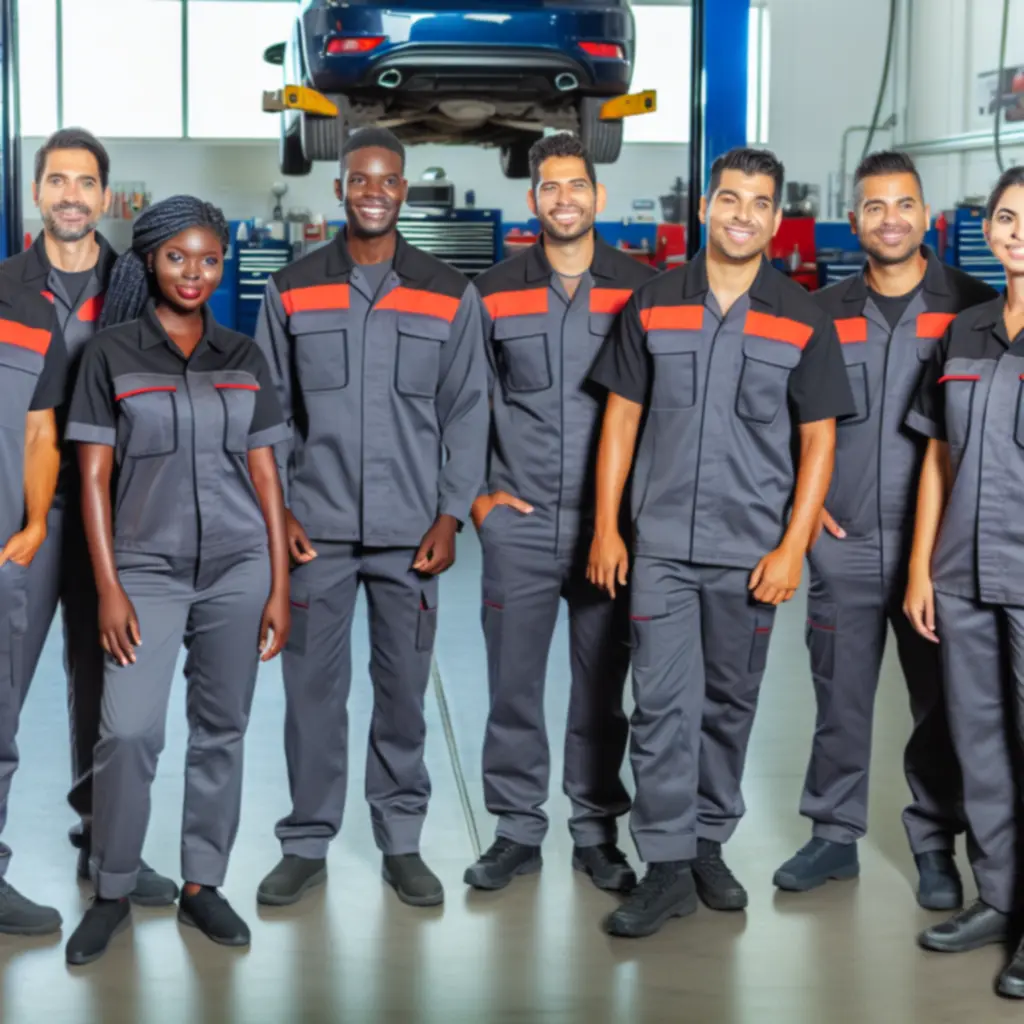 Portret zespołu mechaników PolandVenue stojących w profesjonalnym warsztacie.
