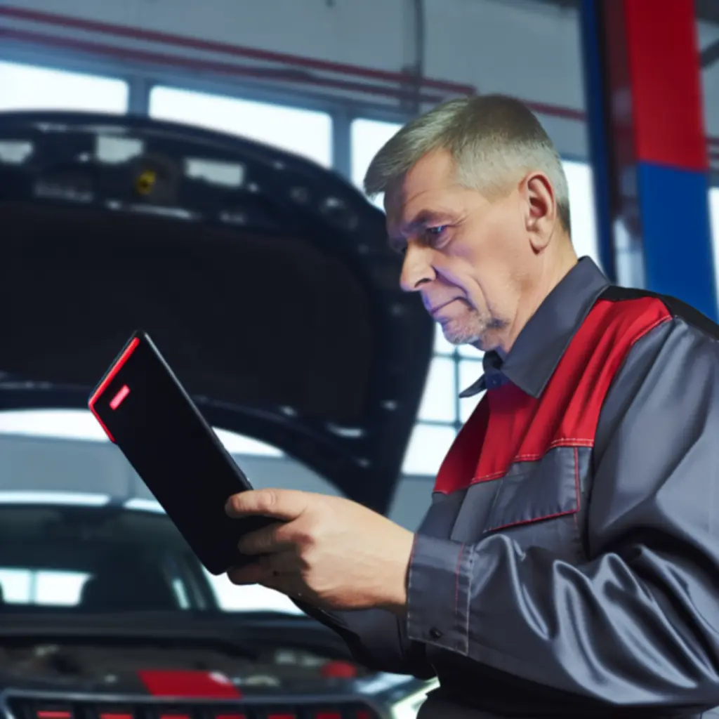 Mechanik PolandVenue podłączający tester diagnostyczny do samochodu.