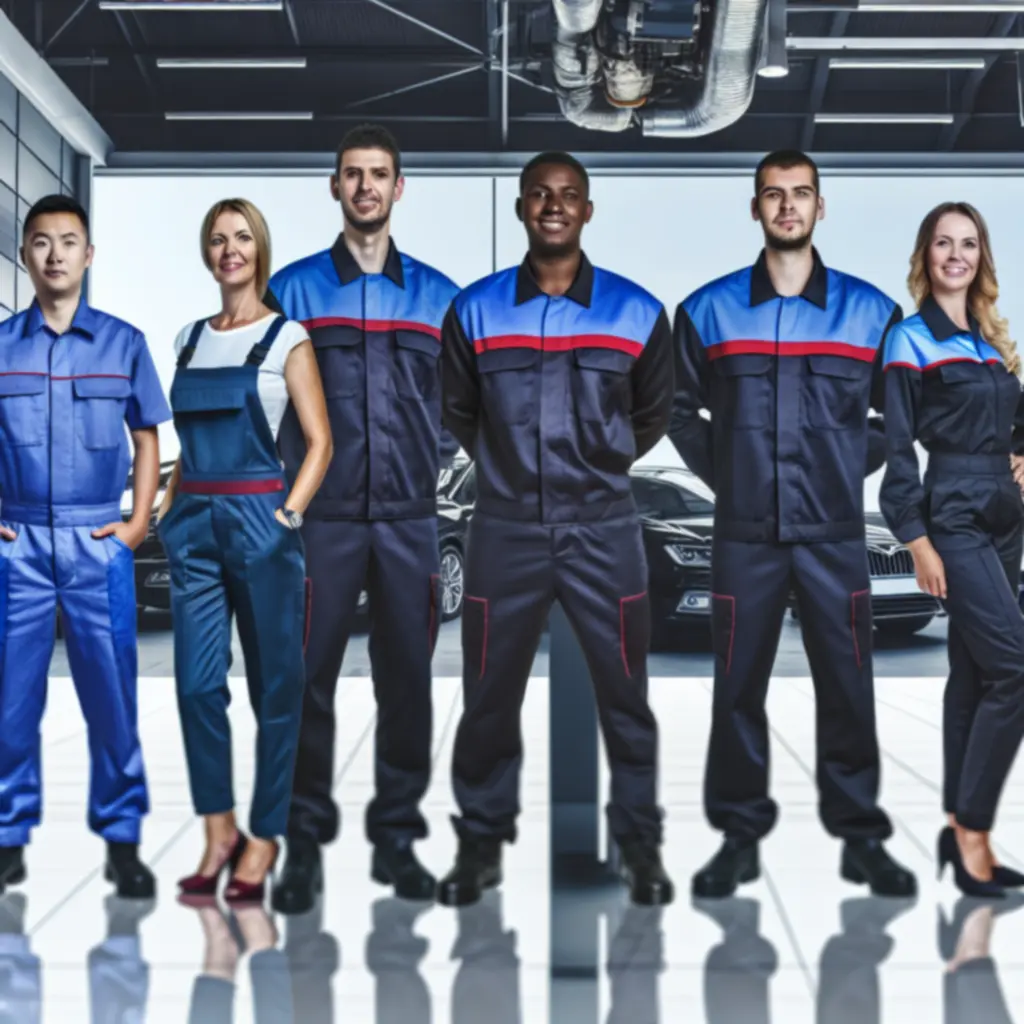 Grupa mechaników PolandVenue stojących razem w warsztacie samochodowym.