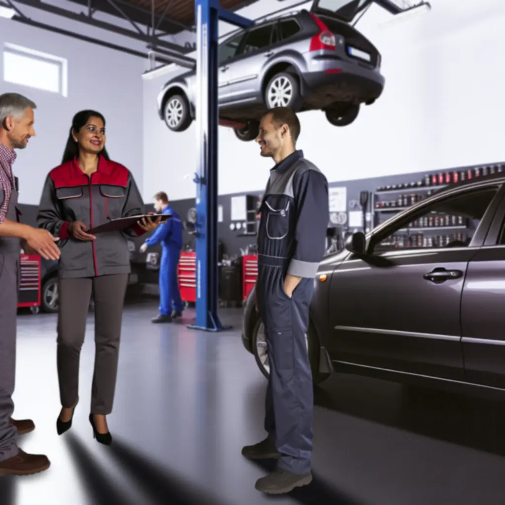 Zespół doświadczonych mechaników PolandVenue pracujący w nowoczesnym warsztacie samochodowym.