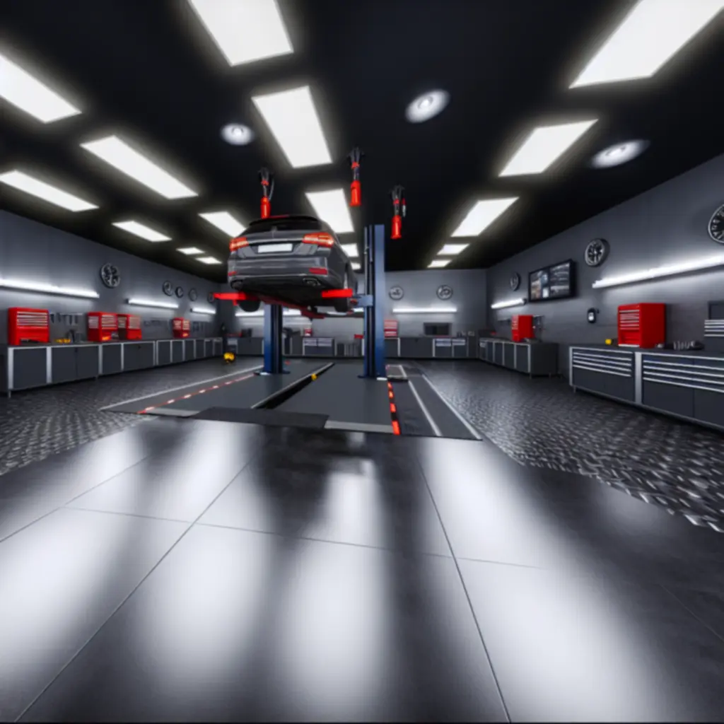 Czyste, nowoczesne wnętrze warsztatu samochodowego PolandVenue z zaawansowanym sprzętem i stanowiskami serwisowymi.