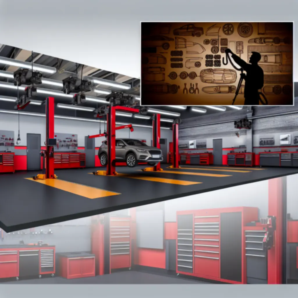 Wnętrze nowoczesnego warsztatu samochodowego z narzędziami