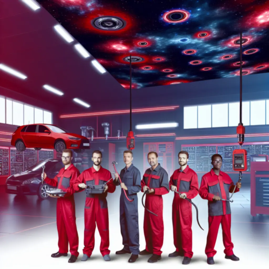 Zespół mechaników PolandVenue pracujący przy samochodach w nowoczesnym warsztacie.